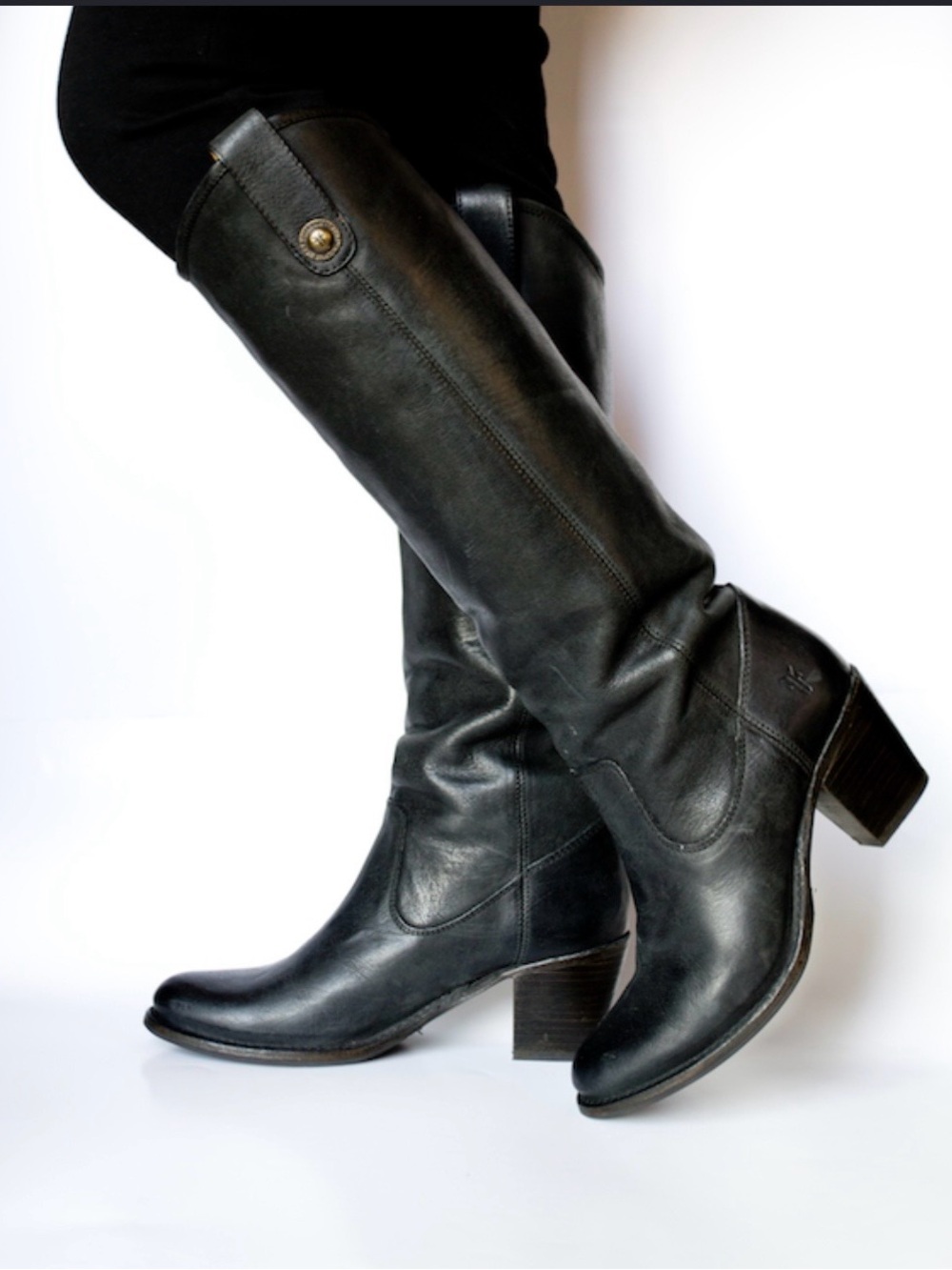 Frye Black Leather jackie western black  Knee-High Heeled Boots 9